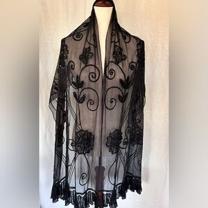 Beaded and Embroidered Black Lace Scarf/Shawl